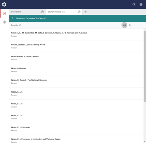 Search results in a list